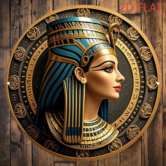 Nefertiti Metal Wall Art – 2D Aluminum Sign with Hieroglyphics, Gold & Turquoise, 8×8 Inch