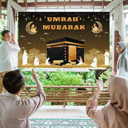 Large Umrah Mubarak Banner Backdrop Hajj Kaaba Background Ramadan Decorations for Home Islamic Muslim Eid Al-Fitr Party