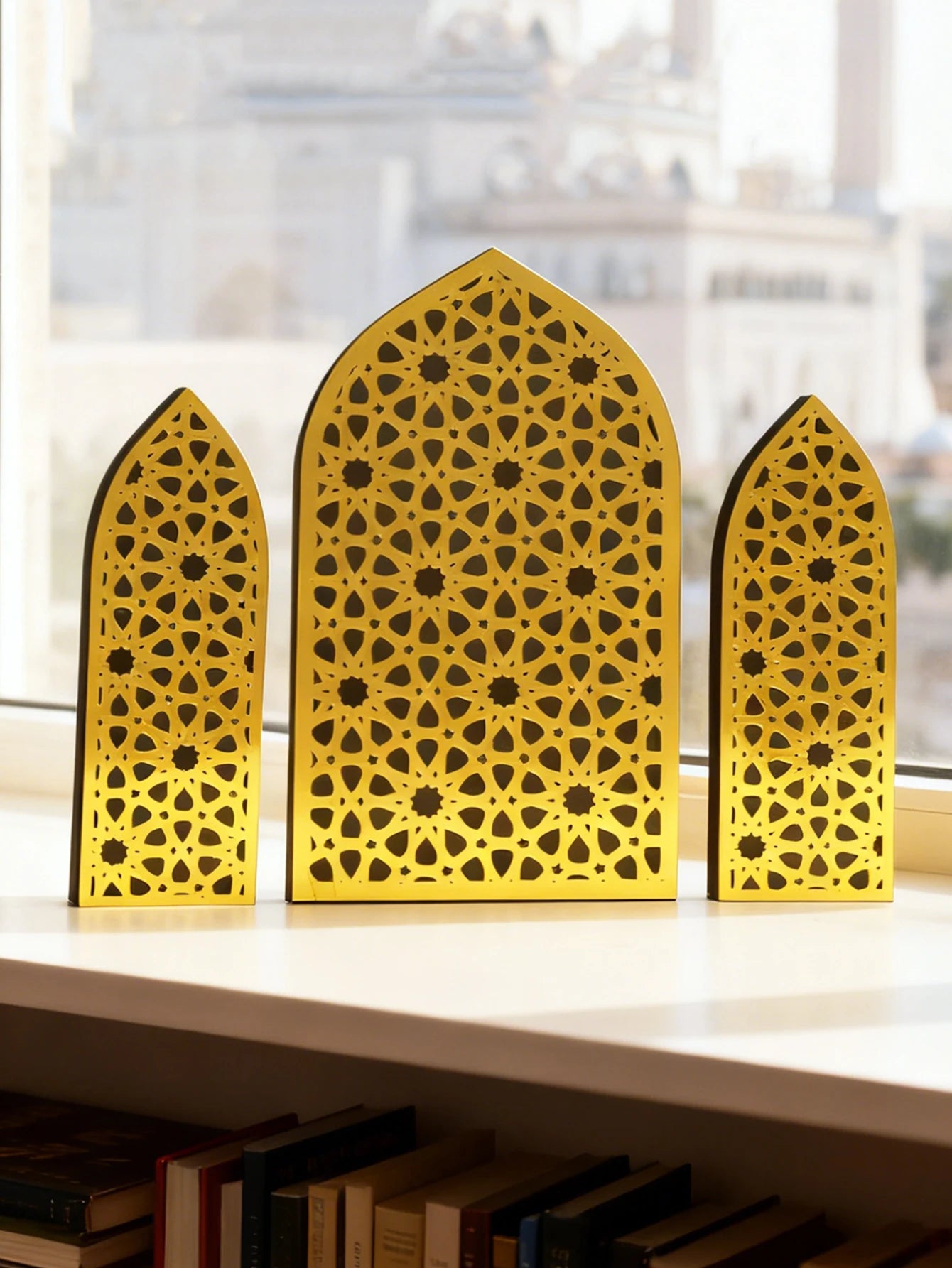 3Pcs/Set Islamic Geometric Arch Decor Golden & Floral Acrylic Table Ornaments Wooden Festive Home Decor for Ramadan & Eid Gifts