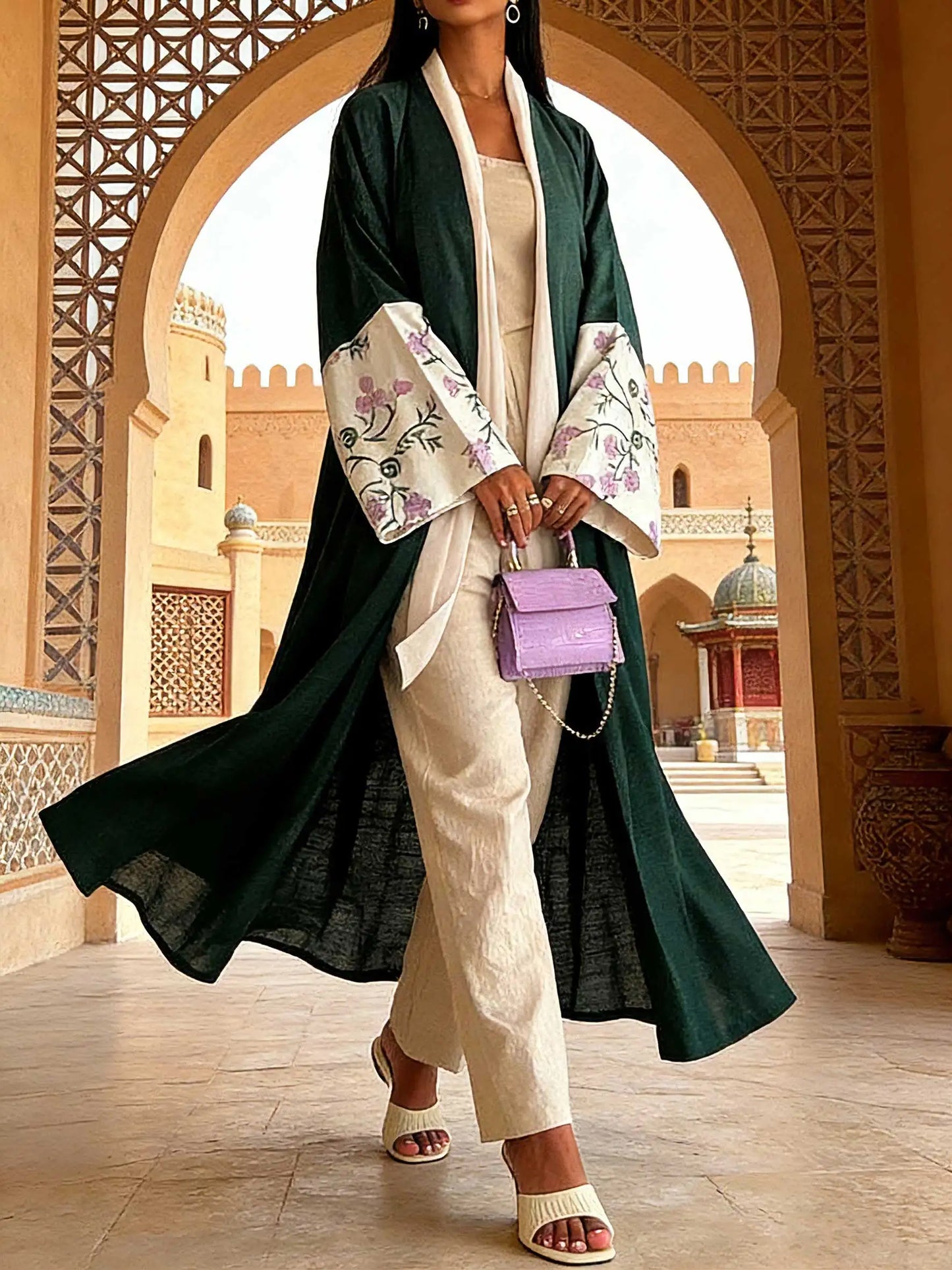 Chic Forest Green Open-Front Abaya Floral Embroidered Cuffs Set Women Muslim Moroccan Kaftan Ramadan Islam Dubai Arabic Robes