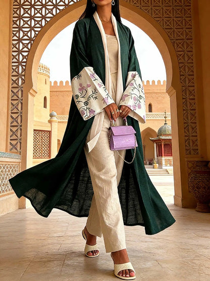 Chic Forest Green Open-Front Abaya Floral Embroidered Cuffs Set Women Muslim Moroccan Kaftan Ramadan Islam Dubai Arabic Robes