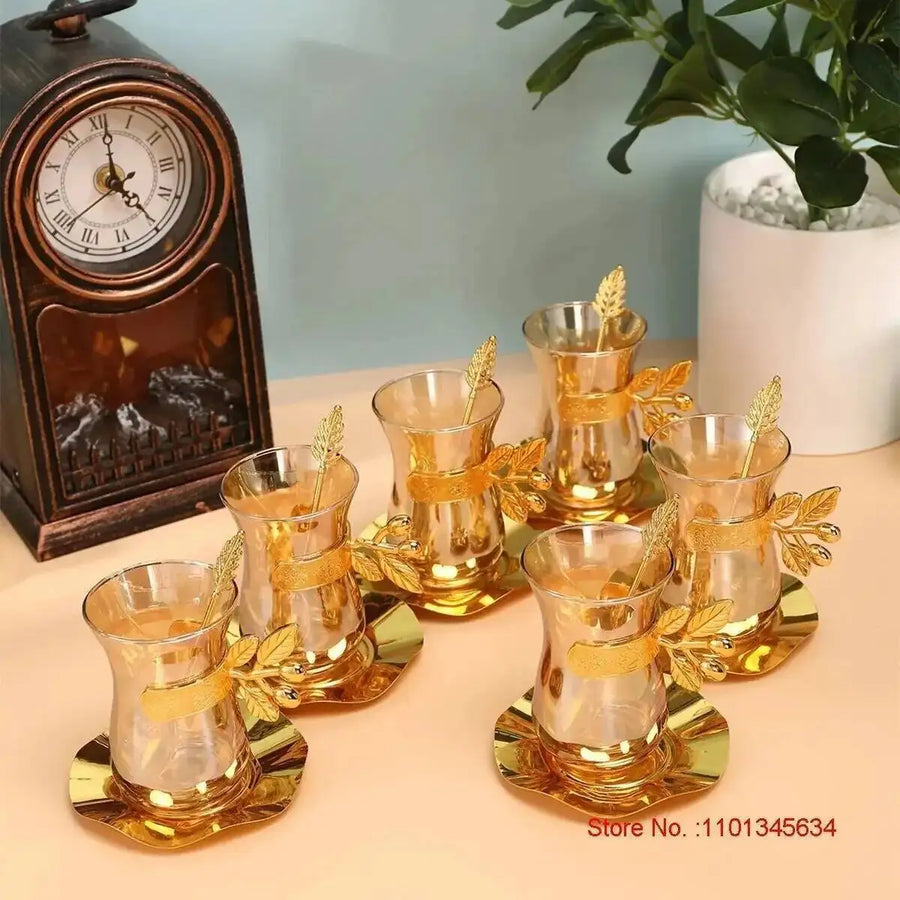 Luxury Gold Turkish Coffee Set – Cups, Saucers & Teaspoons, Black Tea Glass Collection