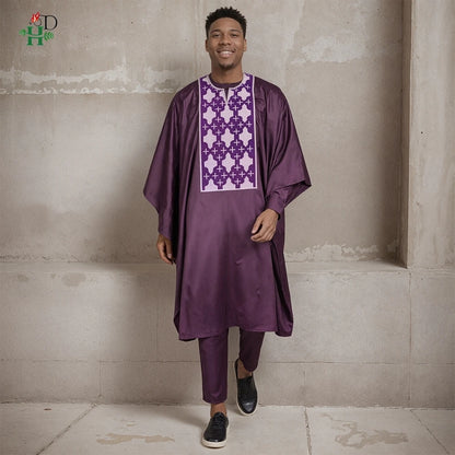 H&D Men Casual Loose Kaftan Muslim Thobe Jubba Dishdasha Thawb Dress 3PCS Agbada Set Arab Purple Color Embroidered Robe New 2026