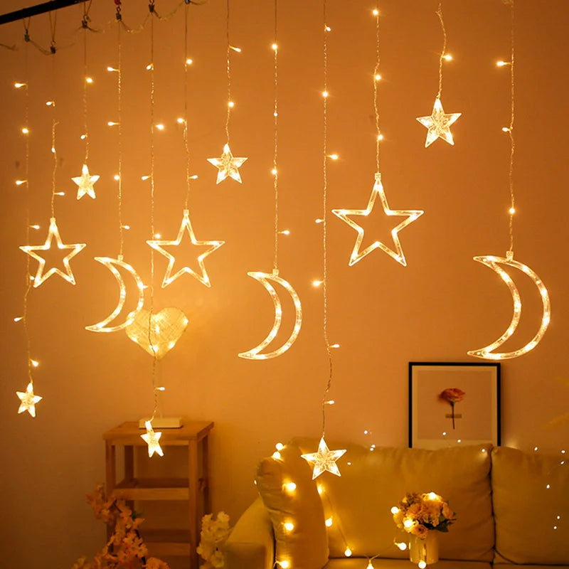 Moon Star Led Curtain Garland String Light EID Mubarak Ramadan Decorations 2025 Home Decor Islam Muslim Event Party Supplies