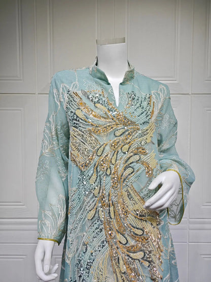 Zahraa Dubai Sequins Luxury Woman Evening Dress Mesh Embroidered Abaya V-Neck Caftan Marocain Femme 2026