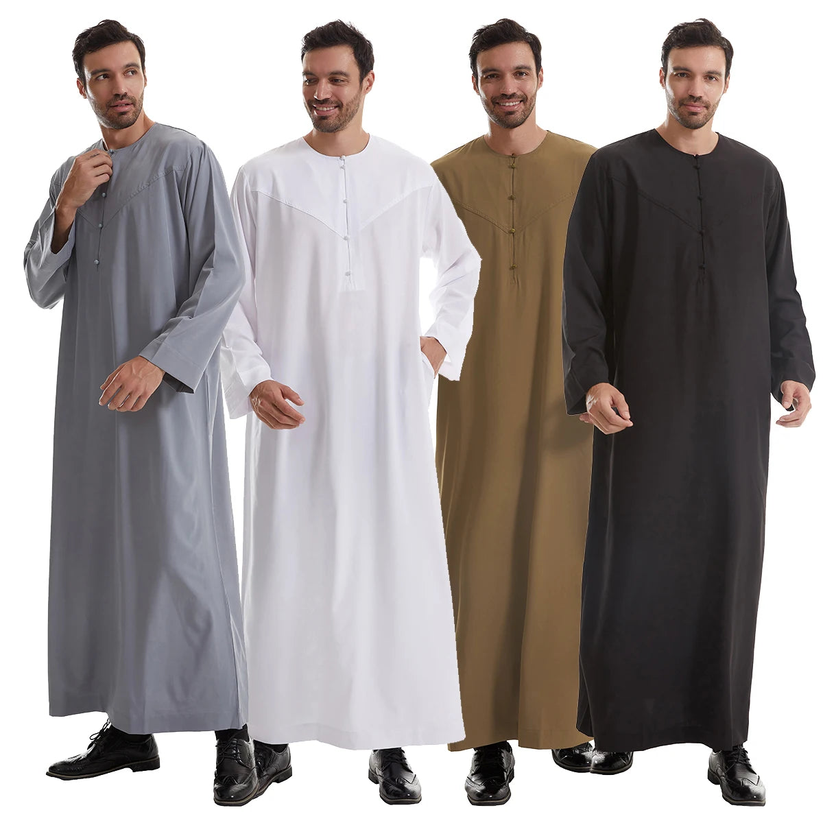 TH839 Men's Muslim Middle Eastern Men Long Sleeves Pure Color Buckle Robe Ramadan Eid Jubba Thobe