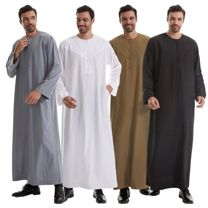 TH839 Men's Muslim Middle Eastern Men Long Sleeves Pure Color Buckle Robe Ramadan Eid Jubba Thobe