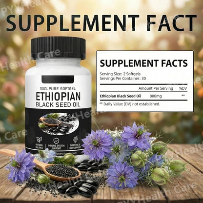 Ethiopian Black Seed Oil, Purely Nutrient Ethiopian BlackSeed Oil Capsules with Thymoquinone, Organic Cold-Pressed, 60 Softgels
