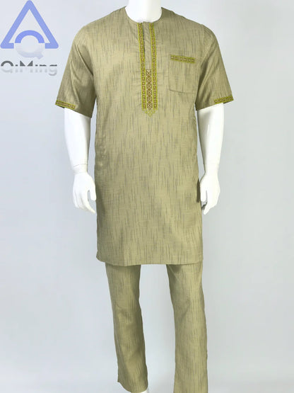 QiMing Men's Cotton Muslim Wedding Clothing Two-Piece White Boubou with Embroidery And Stripe Caftan Moroccan Modest Prayerwear