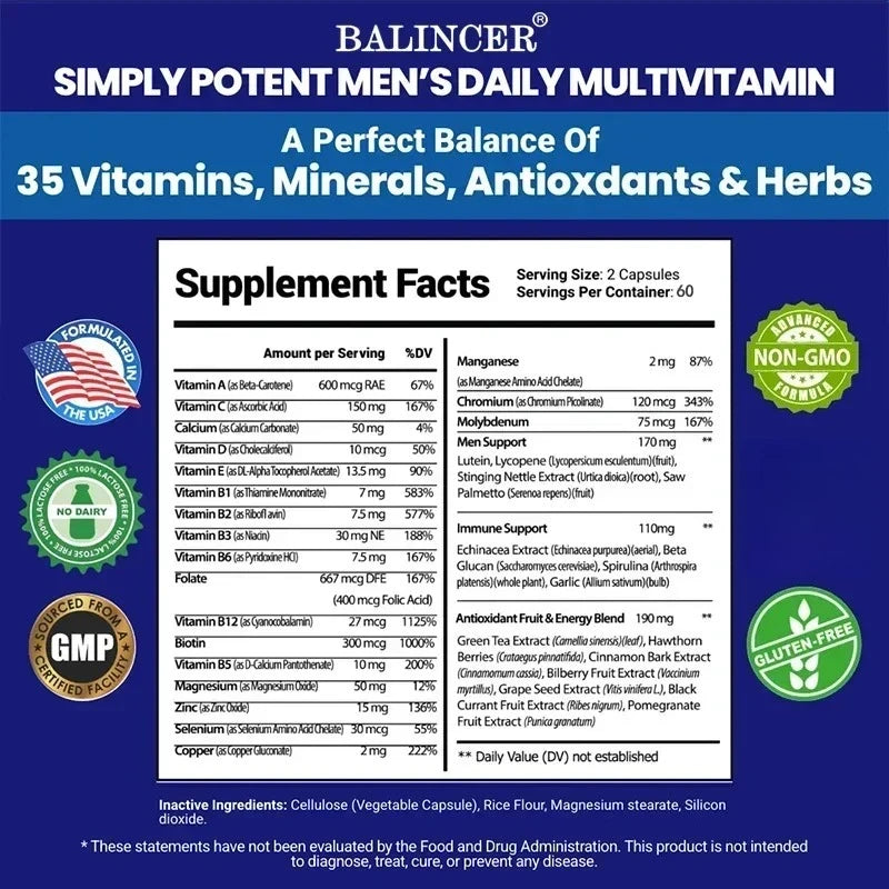 Men's Multivitamin - Contains vitamins B12, B6, zinc and selenium to support coordination, heart, immunity and prostate health