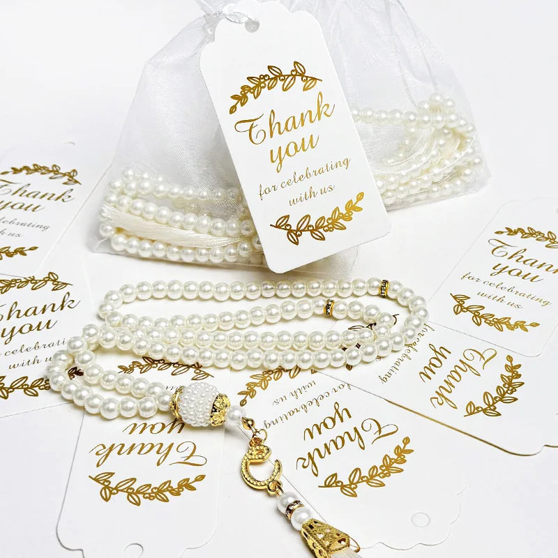 15/30Pcs Ramadan Glass Pearl Muslim Bracelet Prayer Beads Tassel Thank You Card Organza Bags Eid Mubarak Favor Gift for Home