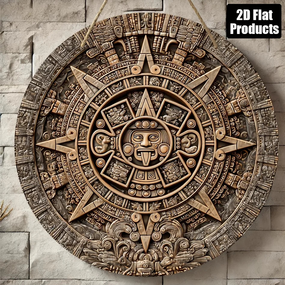 Sunstone Theme Round Wood Decor Sign, 8x8 Inch 2D Flat Wall Art for Home Bar Kitchen Cafe, Halloween Christmas Festival