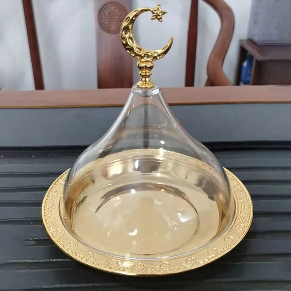 Ramadan Cake Tray with Clear Dome Lid Eid Metal Eid Mubarak Candy Tray Reusable Dessert Box Food Storage Organizer Nuts, Candies