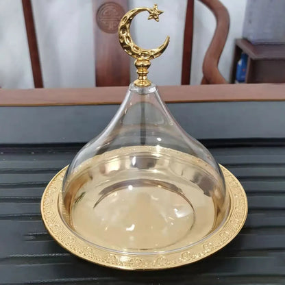 Ramadan Cake Tray with Clear Dome Lid Eid Metal Eid Mubarak Candy Tray Reusable Dessert Box Food Storage Organizer Nuts, Candies