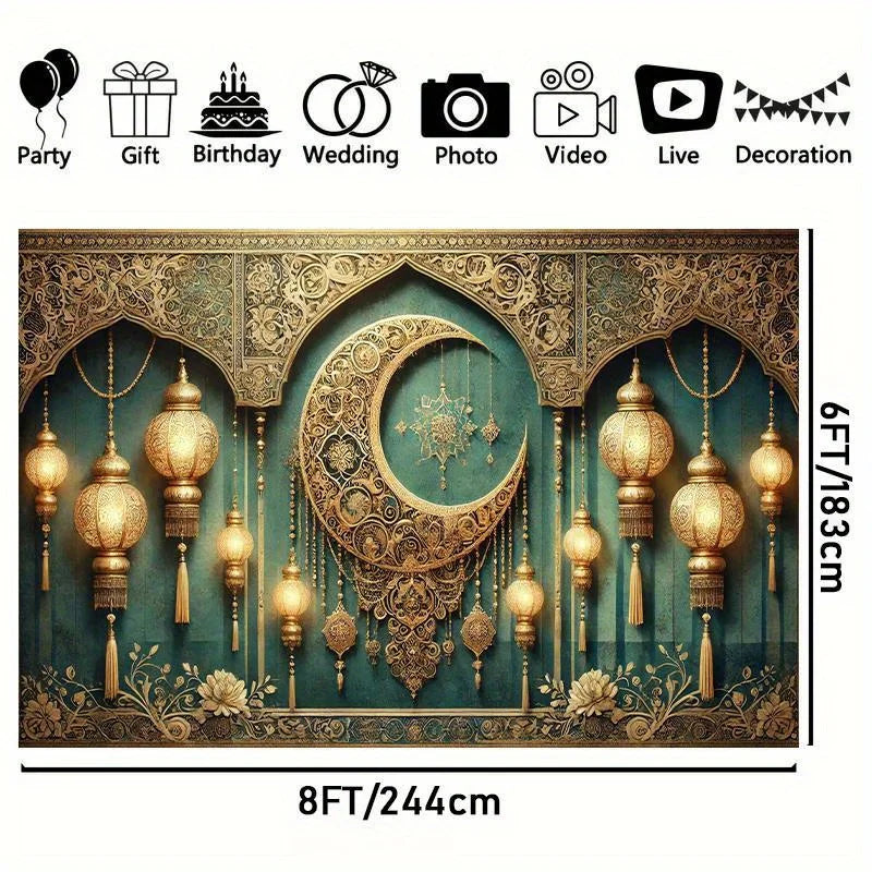 1 Elegant New Moon and Lantern Eid Mubarak Background - Luxurious Ramadan Party Banner