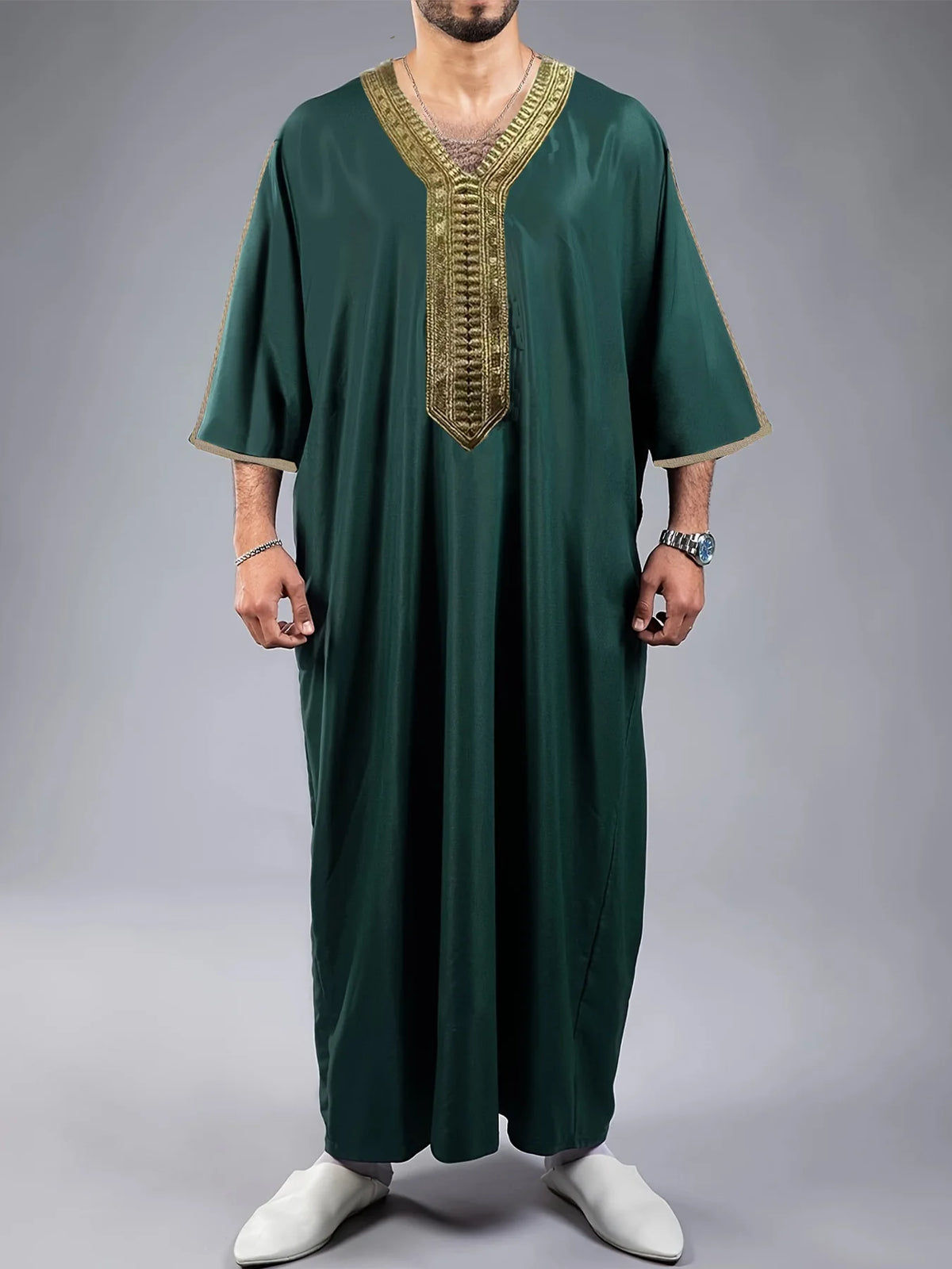 2026 Eid Kaftan Muslim Fashion Abaya for Men Half Sleeve Embroidery Loose Breathable Casual Robe Dubai Arab Islamic Caftan Dress