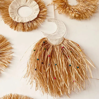 Raffia Woven Wall Hanging, Japanese Moroccan Style Grass Decor for Hotel B&B, Wooden Frame Wall Art