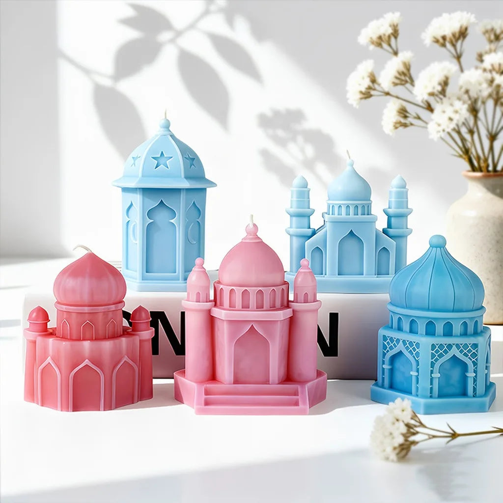 Ramadan Lantern Silicone Mold 3D Mosque Castle Candle Mold Eid Mubarak Islamic Plaster Gypsum Wax Resin Soap Making DIY Ornament