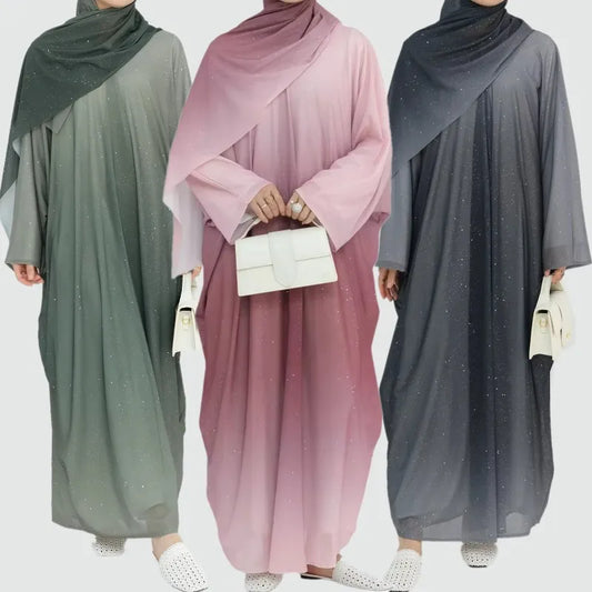 The Gradient Shimmer Cardigan – Women's Islamic Open Abaya for Parties