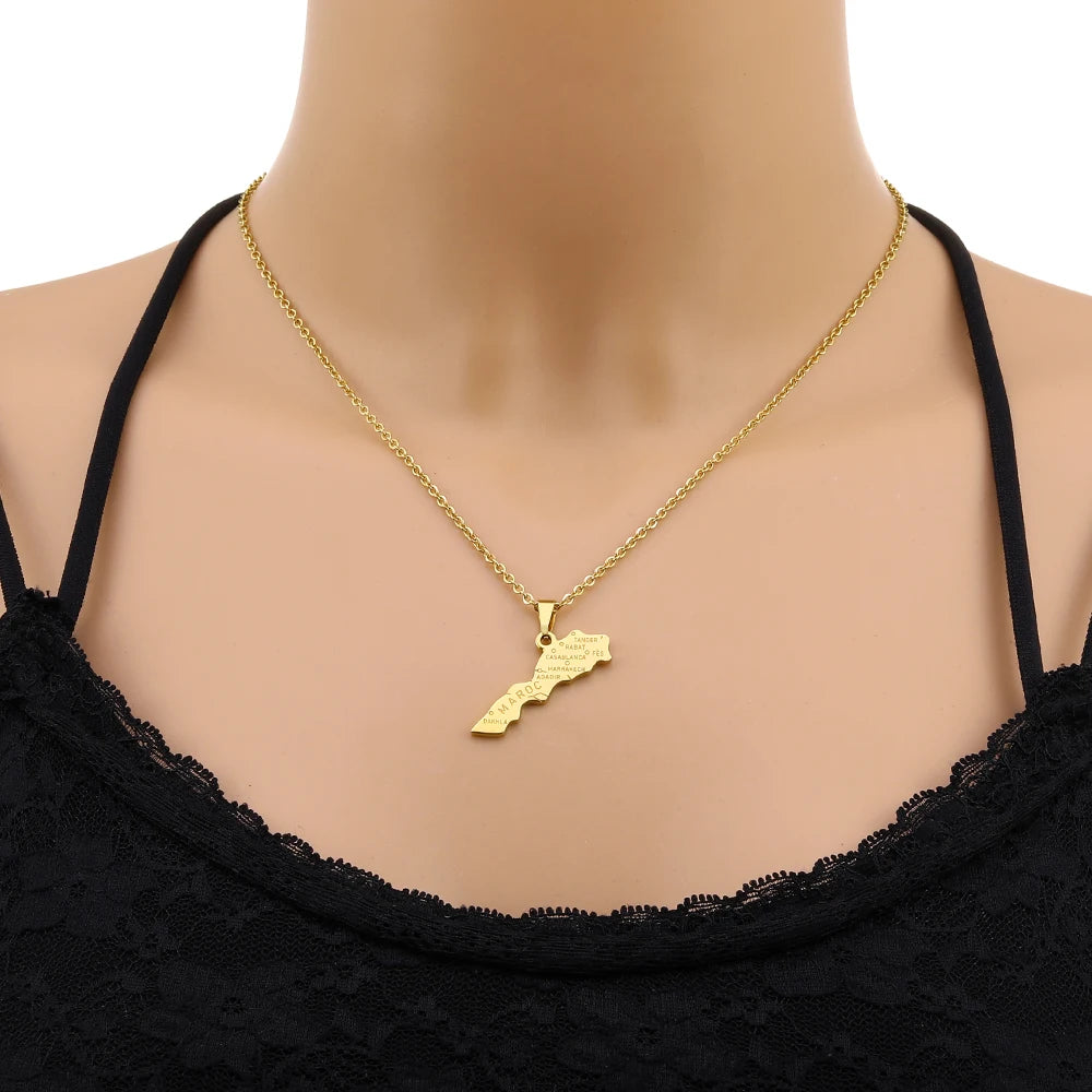 Morocco Map & Cities Pendant – Stainless Steel Necklace, Gold & Silver Color