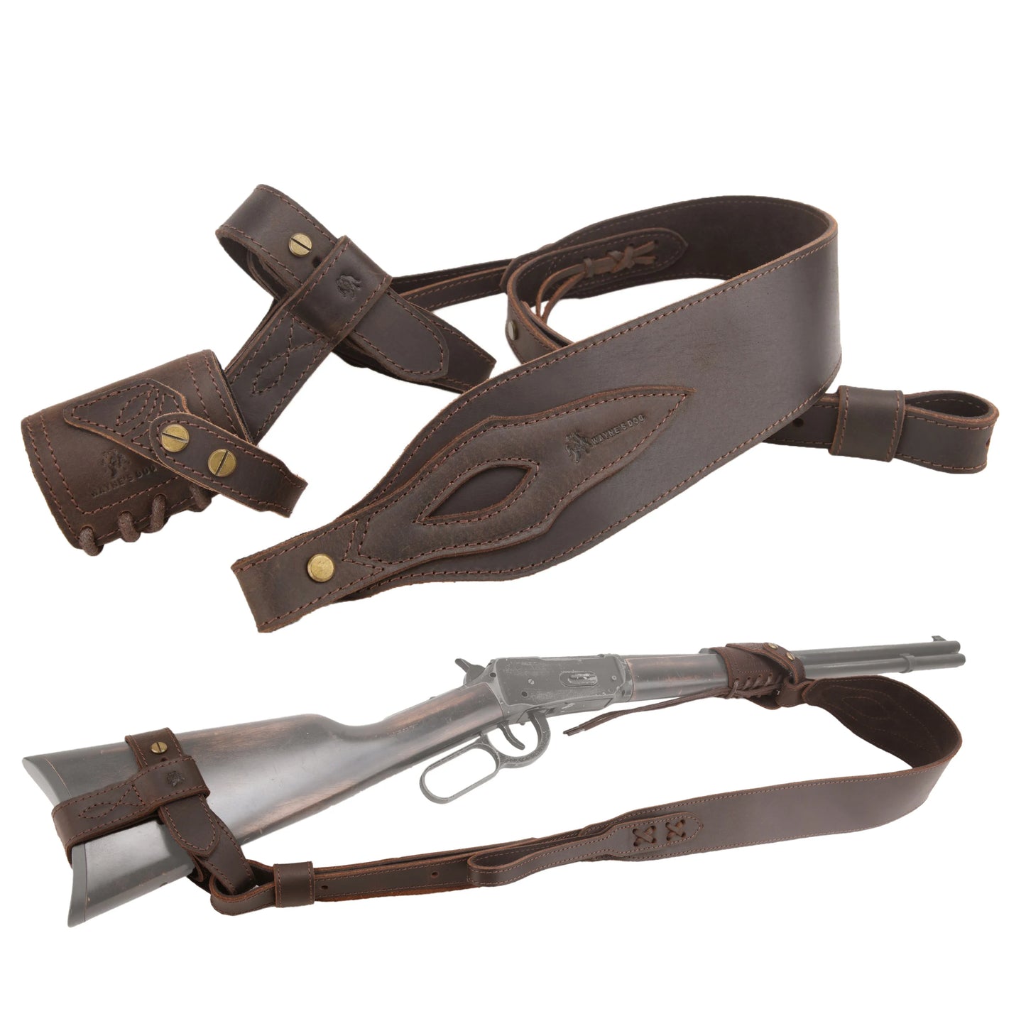 WAYNE'S DOG 1 Combo LeatherRifle Gun No Drill Harnessed Buttstock Holder with Barrel Mount with Matched Gun Sling Shoulder Strap