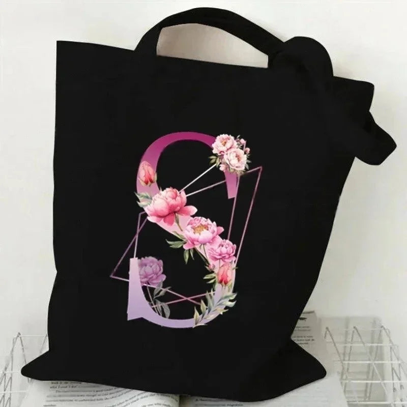 Noir Florale – Black Purple Alphabet Canvas Shoulder Tote
