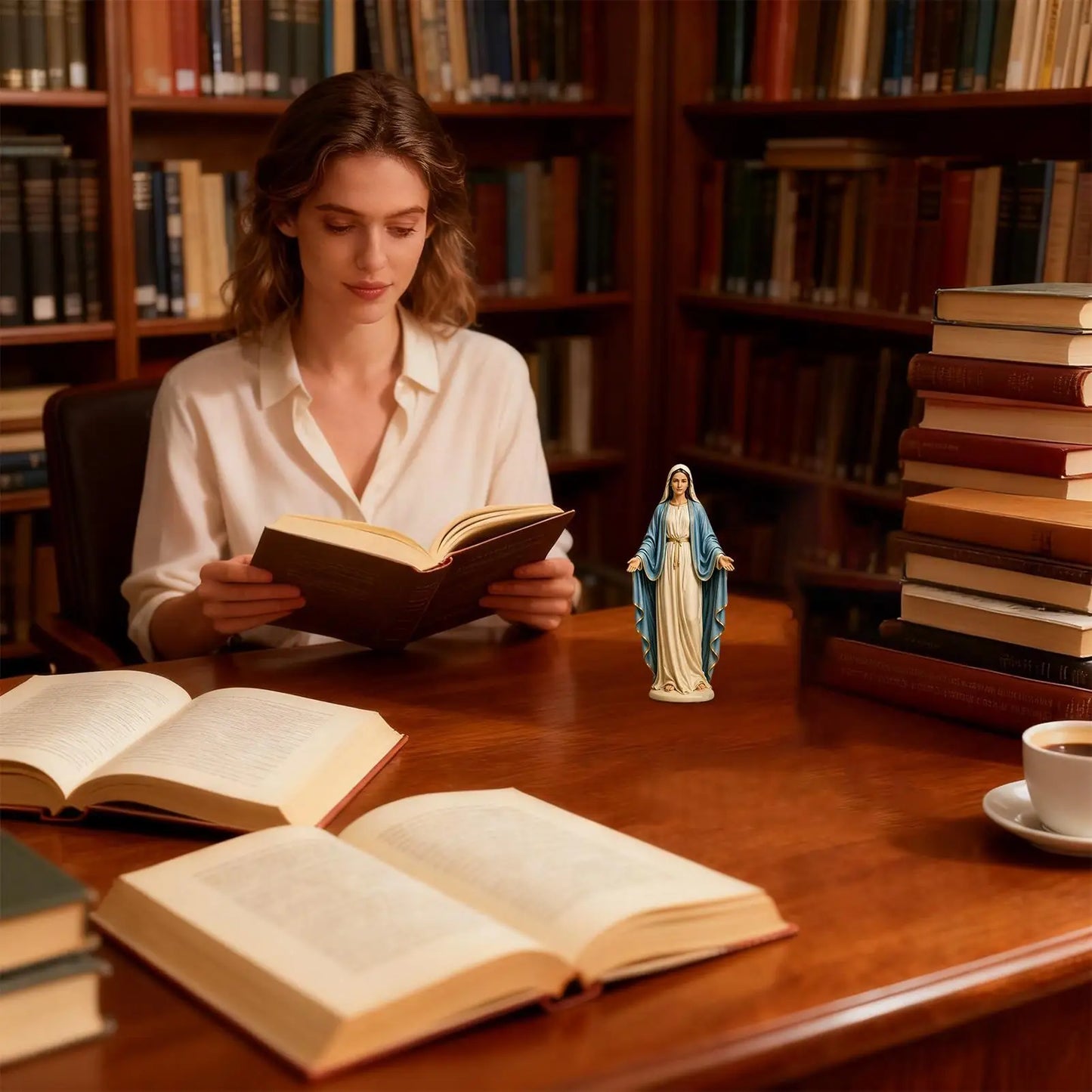 Mary Statue 12cm Open Arms Religious Figurine Resin Mary Desk Ornament for Home Living Room Bedroom Bathroom Desktop Bookshelf