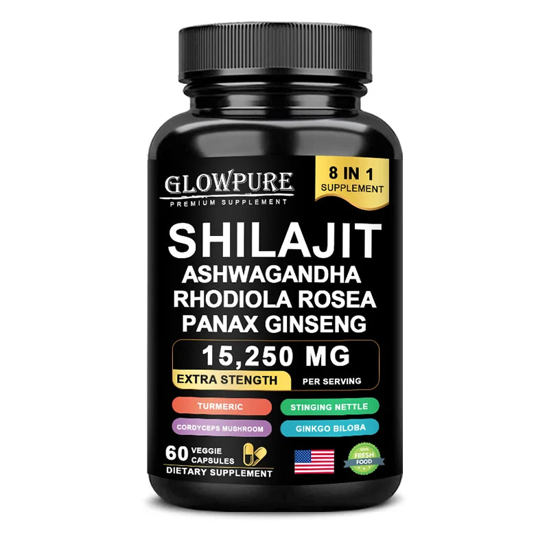 Shilajit 8-in-1 Supplement with Ginseng & Ashwagandha Supports Brain Memory Energy Immunity Focus Vitality 30/60 Capsules