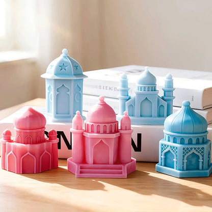 Ramadan Lantern Silicone Mold 3D Mosque Castle Candle Mold Eid Mubarak Islamic Plaster Gypsum Wax Resin Soap Making DIY Ornament