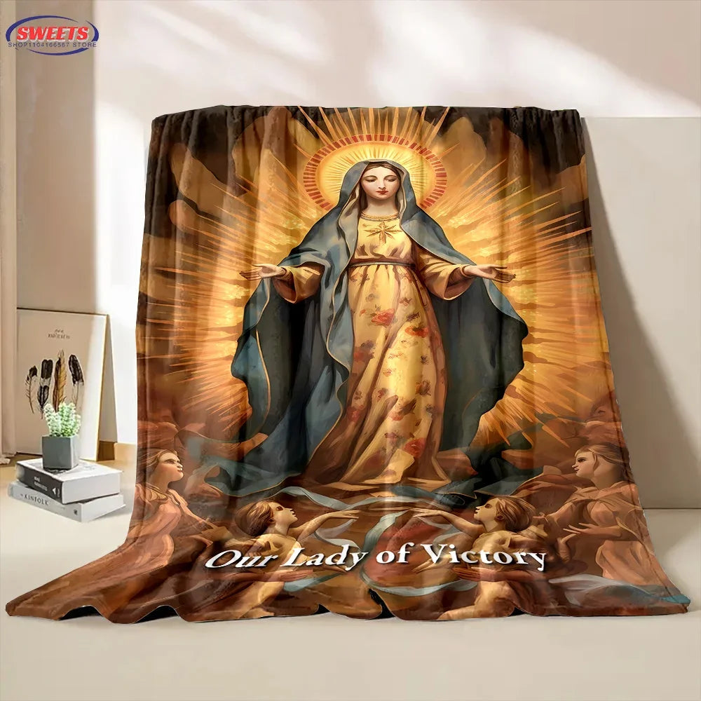 6 Size Merciful Virgin Mary Flannel Art Blanket, Home Sofa Office Nap Blanket for Four Seasons, Machine Washable Flannel Blanket
