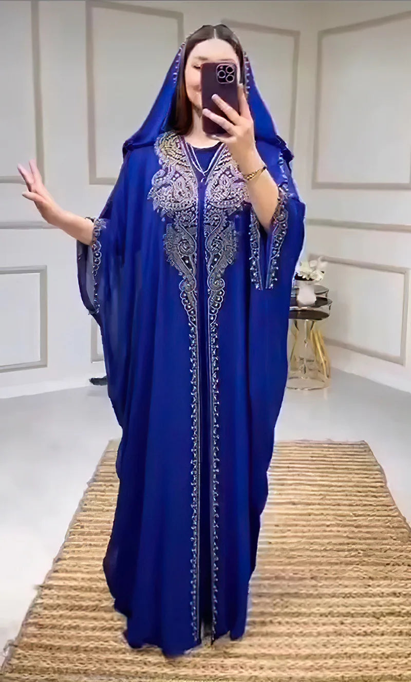 Beading Chiffon Maxi Dress Caftan Abaya Dubai Luxury Muslim Women Clothing Hijabs Femme Plus Size Hooded Long Dresses African
