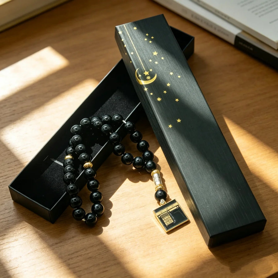 The Misbaha – 33 Prayer Beads with Kaaba Pendant & Gift Box