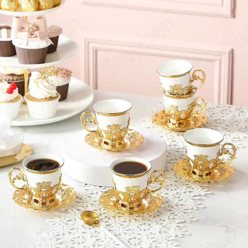 Golden Border Turkish Coffee Cups – Ceramic Cup & Saucer Set, Classic Afternoon Tea