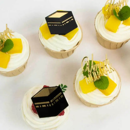 Muslim Umrah Mubarak 6pcs Topper Set in Gold, Great for Ramadan Cake and Cupcake Decorations