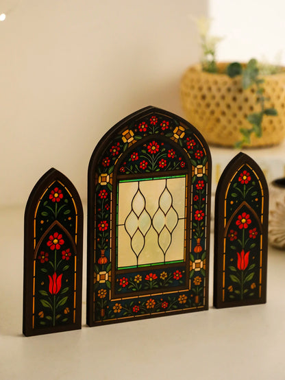 3Pcs/Set Islamic Geometric Arch Decor Golden & Floral Acrylic Table Ornaments Wooden Festive Home Decor for Ramadan & Eid Gifts