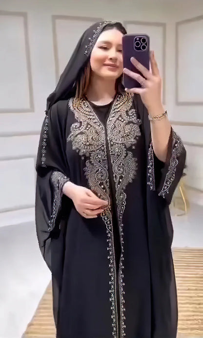 Beading Chiffon Maxi Dress Caftan Abaya Dubai Luxury Muslim Women Clothing Hijabs Femme Plus Size Hooded Long Dresses African