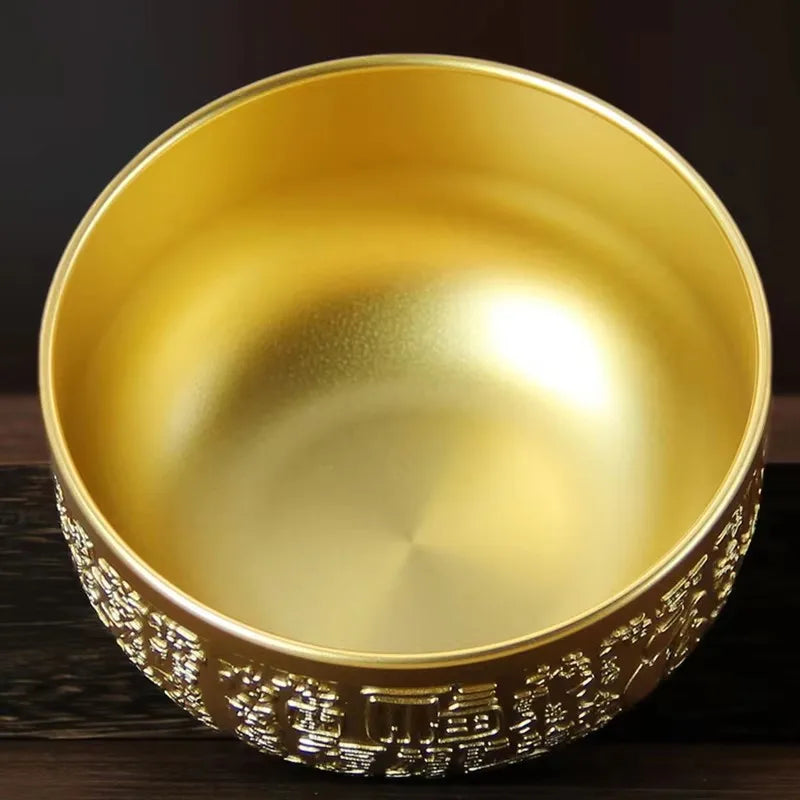 Engrave Bronze Copper Drinking Bowl Auspicious Tibetan Holy Water Milk Tea Cup Golden Buddhist 10 cm Bowl Home's Gift Decorative