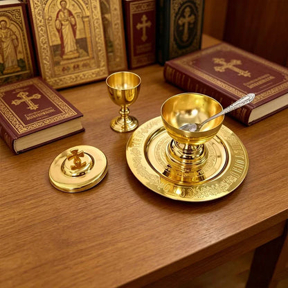 Gold-Plated Orthodox Communion Chalice Set – Holy Cup with Lid, Spoon & Paten