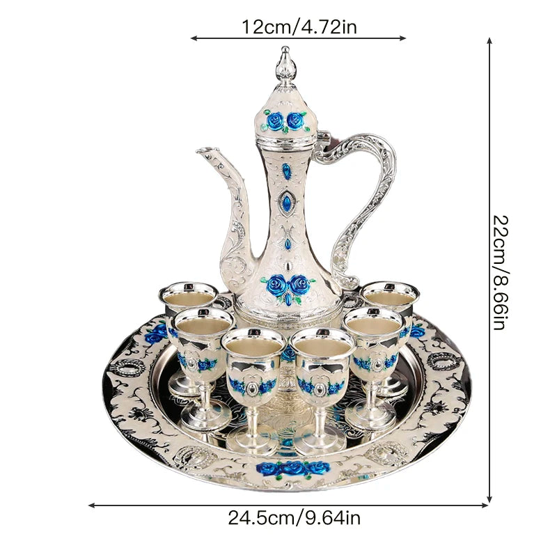 Metal Arabic Coffee Set – 6 Cups, Serving Tray & Pot for Home & Banquets
