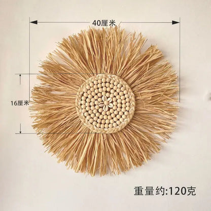 Raffia Woven Wall Hanging, Japanese Moroccan Style Grass Decor for Hotel B&B, Wooden Frame Wall Art