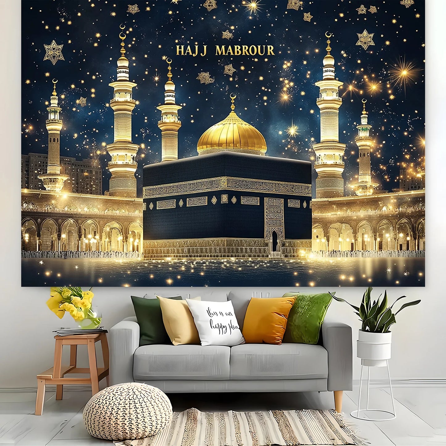 1 piece of 2D night view golden minaret starry sky background cloth of the Haji Mabul Islamic Mosque, for Eid al-Fitr decoration