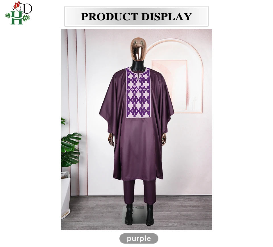 H&D Men Casual Loose Kaftan Muslim Thobe Jubba Dishdasha Thawb Dress 3PCS Agbada Set Arab Purple Color Embroidered Robe New 2026