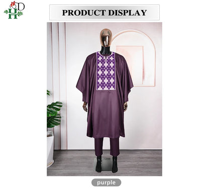 H&D Men Casual Loose Kaftan Muslim Thobe Jubba Dishdasha Thawb Dress 3PCS Agbada Set Arab Purple Color Embroidered Robe New 2026
