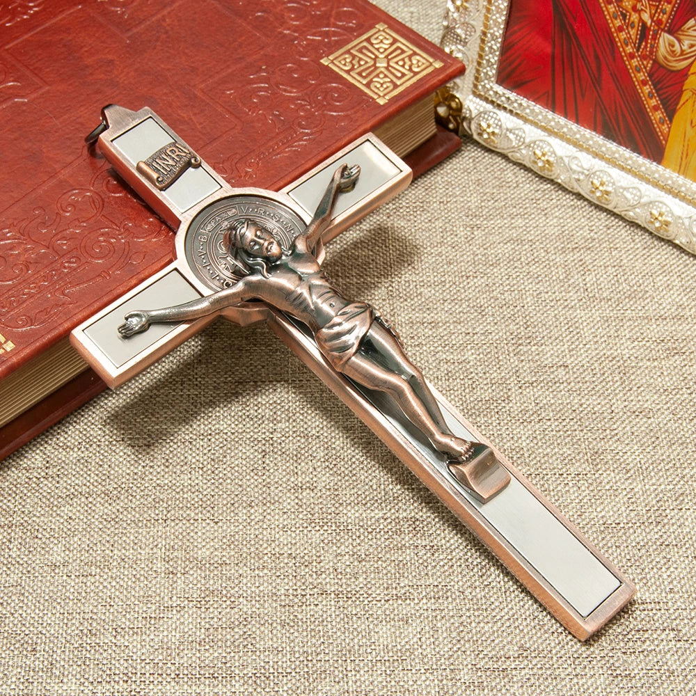 HTISOK Catholic Cross Zinc Alloy Crucifix with St. Benedict Medal & INRI, 6.9" Gift-Boxed Religious Wall Decor for Home Altar