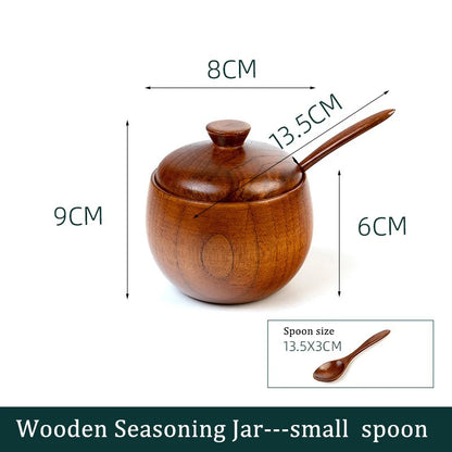 Wooden Seasoning Jar Creative Kitchen Retro Salt Sugar Pot Seasoning Storage Jar With Lid Spoon Wooden Tray Storage Containers