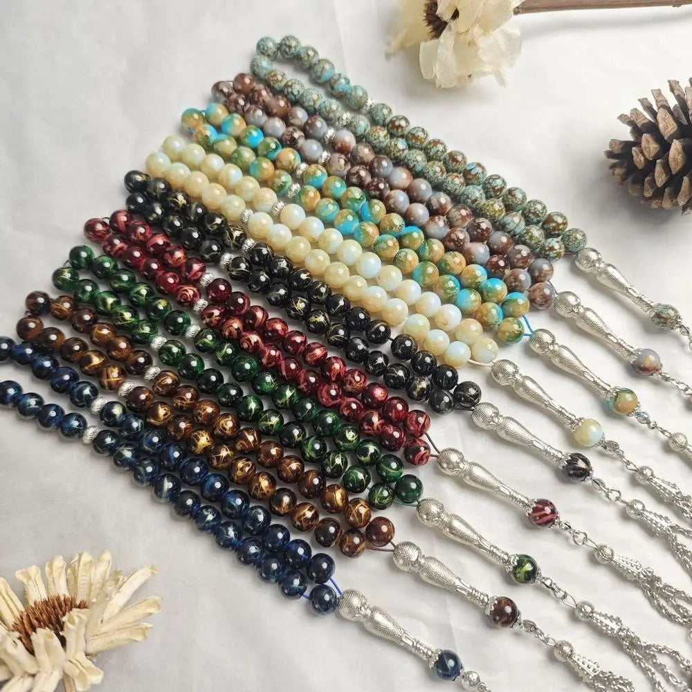 33 Beads Tiger Eye Stone Bracelet Transparent Acrylic Solid Color Prayer Beads With Tassels Handmade Islamic Tasbih Wrist Wear