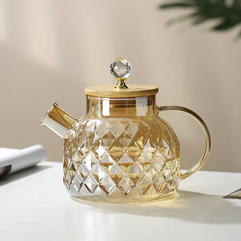 Glass Tea Kettle with Bamboo Lid – Removable Filter, 1-1.8L for Loose Leaf & Fruit Tea