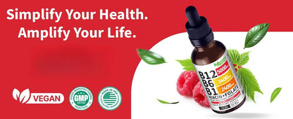 Vitamin B12 and B6 Liquid Drops, B12 Sublingual Vitamin B Complex for Energy Brain and Heart Support with 27,200 mcg Raspberry