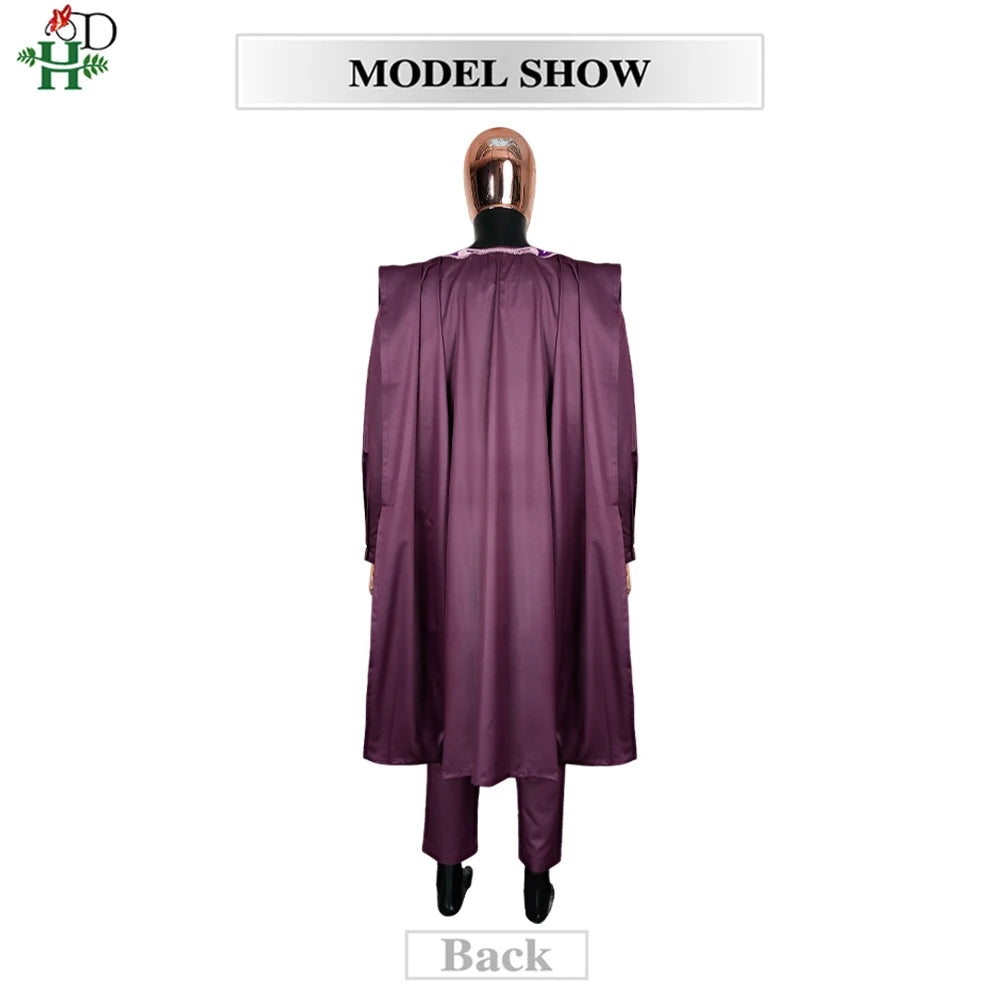 H&D Men Casual Loose Kaftan Muslim Thobe Jubba Dishdasha Thawb Dress 3PCS Agbada Set Arab Purple Color Embroidered Robe New 2026