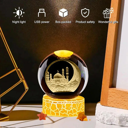 Ramadan Glowing Mosque Crystal Ball Ornament Islamic 3D Home Interior Party Desk Rotating Decoration Figurines Atmosphere Gifts